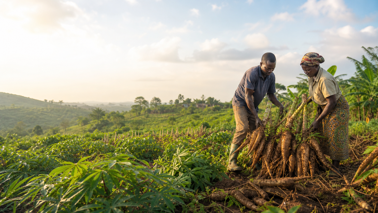 Illustrative scene of farmers harvesting cassava in Ghana